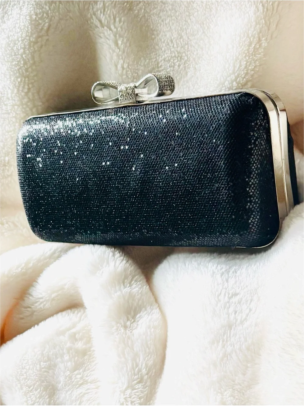 LuLu Townsend Sparkling Black Rhinestone Bow Clutch for Women Silver Chain